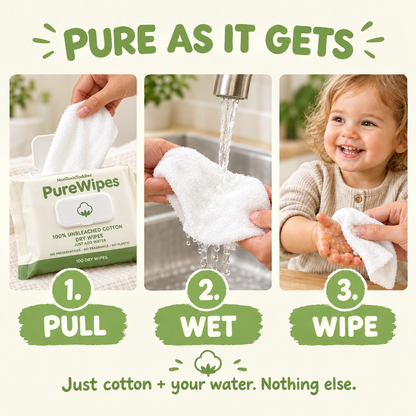 PureWipes™ UNBLEACHED 100% COTTON DRY WIPES.