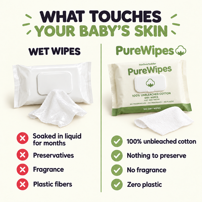 PureWipes™ UNBLEACHED 100% COTTON DRY WIPES.