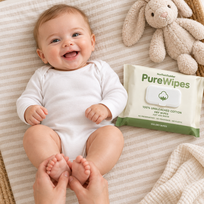 PureWipes™ UNBLEACHED 100% COTTON DRY WIPES.