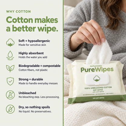 PureWipes™ UNBLEACHED 100% COTTON DRY WIPES.