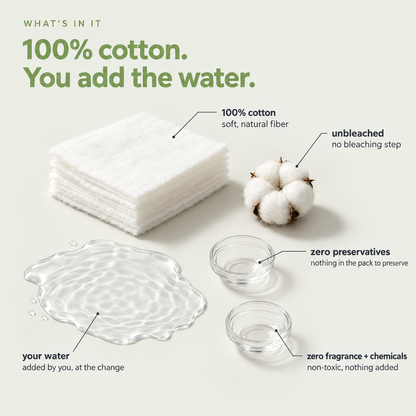 PureWipes™ UNBLEACHED 100% COTTON DRY WIPES.