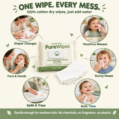 PureWipes™ UNBLEACHED 100% COTTON DRY WIPES.