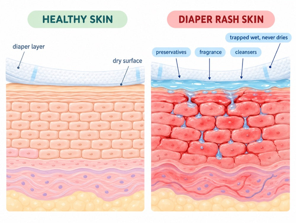 Healthy skin vs rash skin with wipe chemicals trapped under the diaper