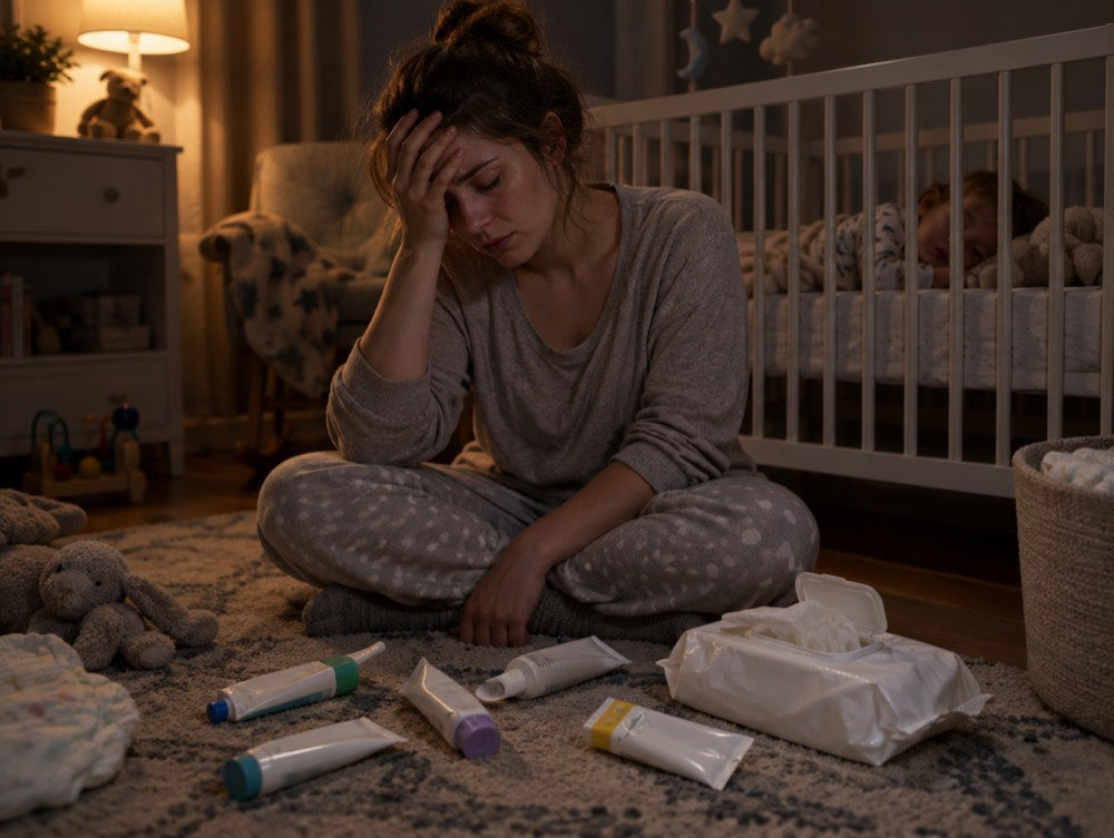 Exhausted mom surrounded by diaper rash creams